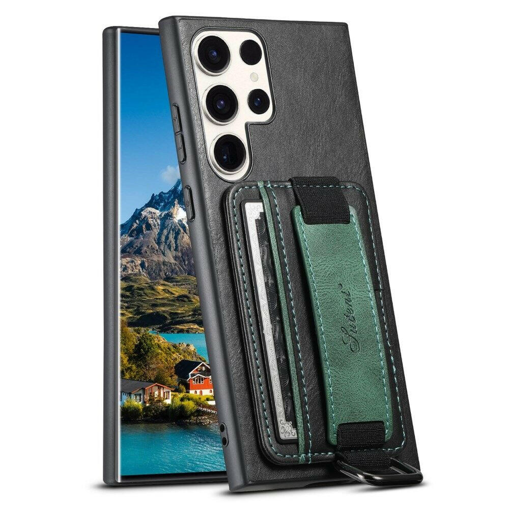 SUTENI Samsung Galaxy S22 Ultra med blått lærbelagt deksel, kortholder og håndstropp.